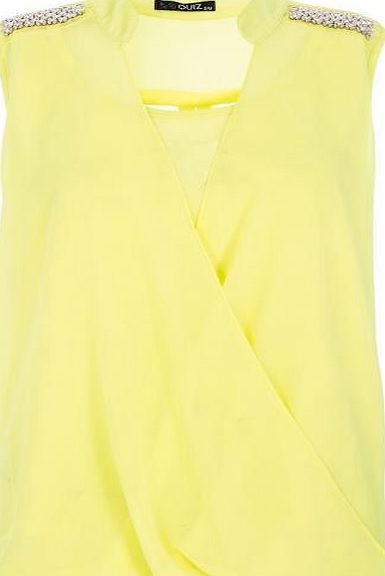 Unbranded Yellow Wrap Over Embellished Shoulder Blouse
