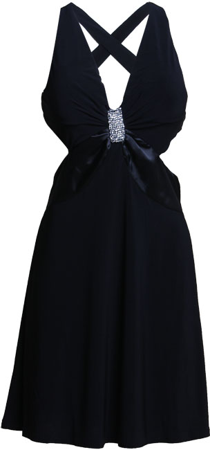 Slinky backless dress with diamante and satin detail, 95 Polyester 5 Elastaine Length 99cm at back.