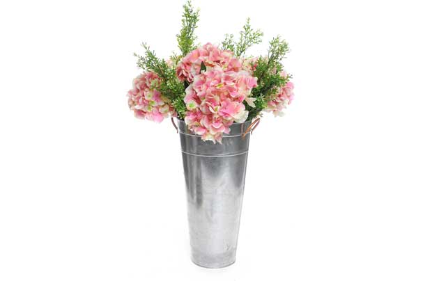 Simple but effective silver zinc planter with stunning extra large artificial pink hydranger and artificial leucodenron leaf spray araangement. Size H80cm. EAN: 5051211016460. (Barcode EAN=5051211016460)