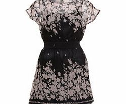 Black floral print tie-waist dress