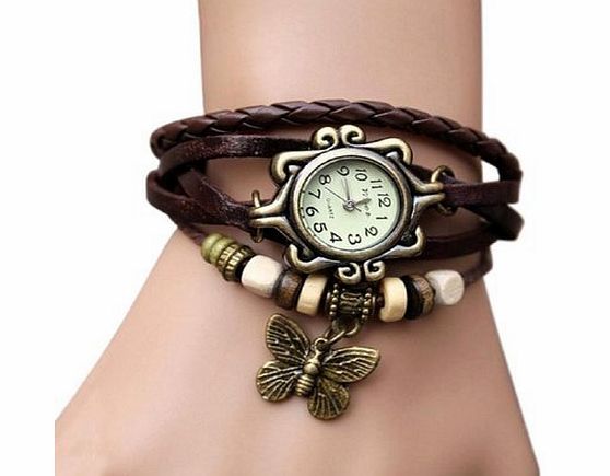 Fashionable High Quality Ladies Quartz Wrist Watch With Brown Wrap Around Leather Bracelet, Woven Weave Band, Retro Style Beads And Butterfly Charm In Bronze Colour By VAGA