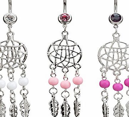 VAGA Set of 3 Beautiful High Quality Surgical Steel Belly Button / Navel 14 Gauge Curved Bars Bananabells Piercings With Dream Catchers / Nets Pendants, Pearls / Beads In White, Pink And Purple Colours, Si