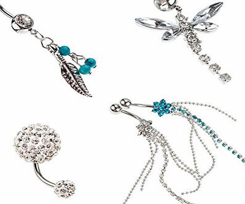 VAGA Unique Set of 5 High Quality Surgical Steel Belly Button / Navel 14 Gauge Curved Bars Bananabells Piercings With Different Pendants Including Silver And Blue Coloured Gems Flowers And Jewels Tassels /