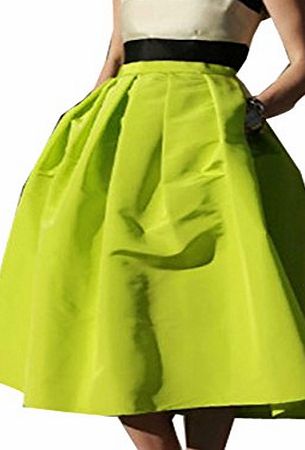 Vakind Retro Women High Waist Elastic Flared Pleated Full Skirt Long Puffy (M, Fluorescent yellow)