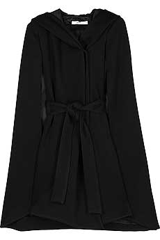 Black hooded wool cape-coat with self-tie belt at waist.