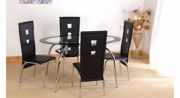 Black Oval Glass Dining Contemporary Table Set and with 4 Faux Leather Chairs
