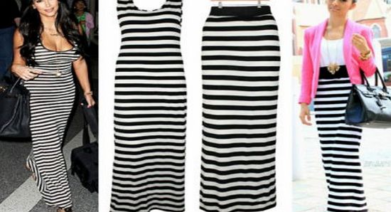 Vavoom Fashion LADIES CELEB STRIPED MONOCHROME STRETCH JERSEY WOMENS LONG MAXI SKIRT DRESS S,M,L,XL (8-16) (M-L (12-14), Thin Stripe Skirt)
