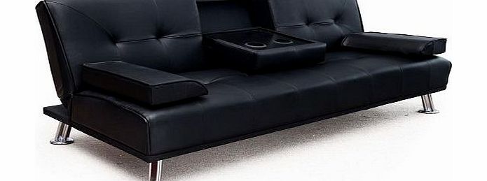 Modern ``Cinema`` Faux Leather 3 Seater Sofa Bed With Drinks Table -Black 12001-D01