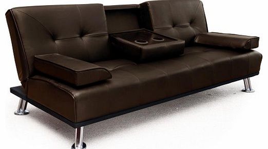 Modern ``Cinema`` Faux Leather 3 Seater Sofa Bed With Drinks Table (Brown 12001-02)