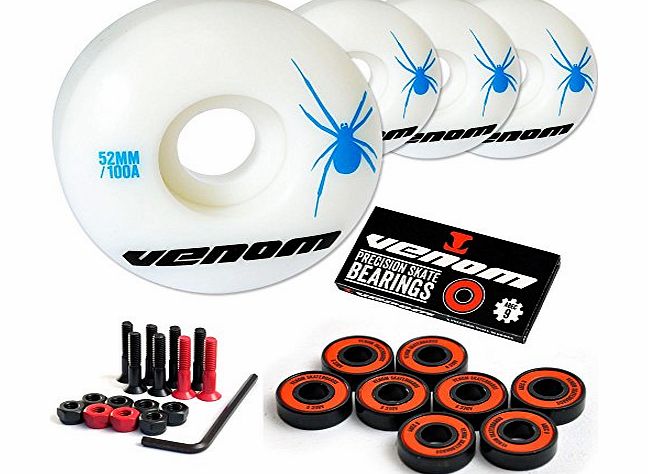 Venom Skateboard Wheels 52mm amp; Abec 9 Bearings Plus FREE Bolts