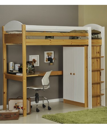White Highsleeper Bed with Desk and Wardrobe