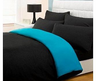 6PC COMPLETE REVERSIBLE BLACK / TEAL DOUBLE DUVET COVER & FITTED SHEET BED SET by Viceroybedding