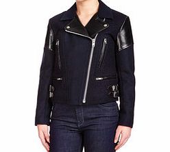 Navy wool and leather mix biker jacket