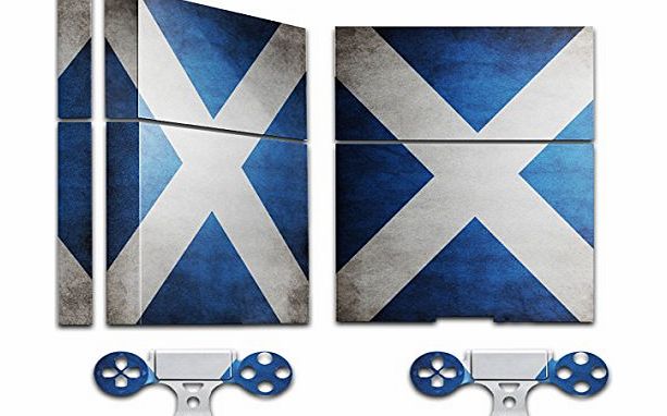 Virano Flags Scotland 1, Skin Sticker Decal Vinyl Wrap Cover Protector with Leather Effect Laminate and Colorful Design for PS4 Play Station 4 Set for Game Console and 2 Controllers.