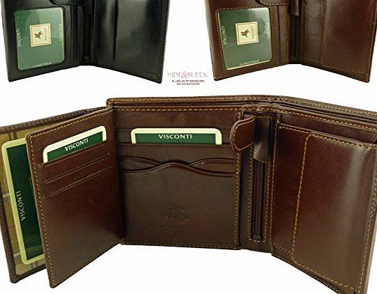 Visconti  Boxed Designer Leather Mens Organiser Wallet with 8 Card Slots Heritage Collection (Italian Veg Tan Leather Brown)