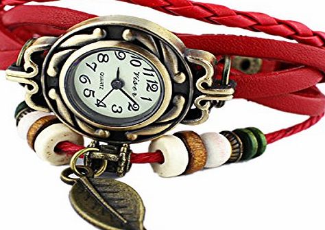 Viskey Original Women Vintage Watches,Bracelet Wristwatches Leaf Pendant, Red