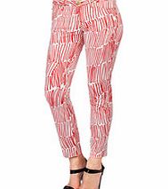 White and red cotton blend printed skinny jeans