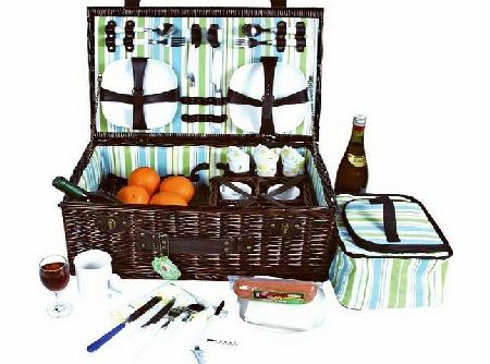 VivoCountry Luxury 4 Person Deluxe Natural English Willow Picnic Basket Hamper with Cutlery, Corkscrew, Cooler Bag, Glasses, Plates