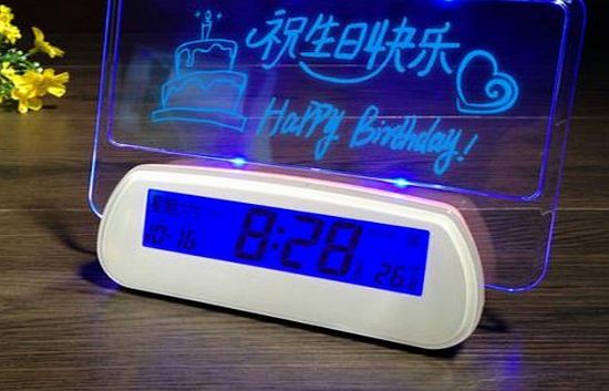 Vktech Blue LED Fluorescent Message Board Digital Alarm Clock with 2-Port USB Hub / Temperature / Calendar