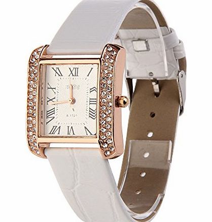 Vktech Exquisite PU Leather Band Ladies Watch Alloy Square Diamante Face (White)
