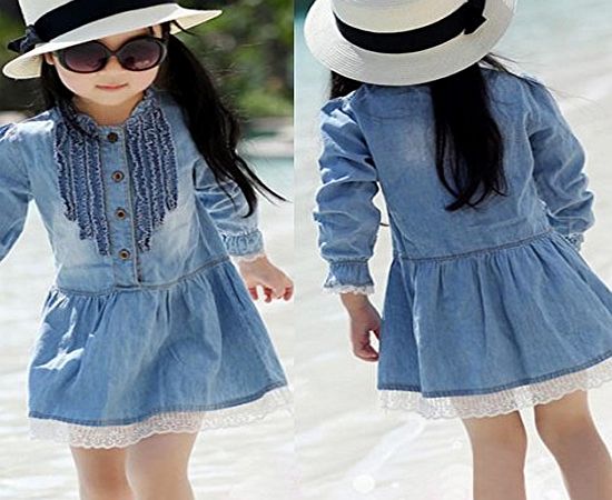 Vktech Kids Girls Casual Jeans Dress Lace Borders Long Sleeve Skirt Costum Blue (140cm)