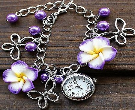 Vktech Lady Girls Retro Flower Cuff Chain Wrist Watch Bracelet (Purple)