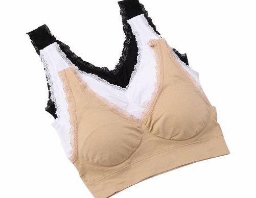 Vogue of Eden Set of 3 Super Comfort Seamless Sports Black White Nude Lace Bra With Removable Pads All Sizes by Vogue of Eden (L)