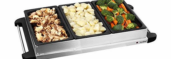 VonShef 3 Pan Stainless Steel Buffet Server and Warming Hotplate Tray - 3 x 2L Capacity 300W