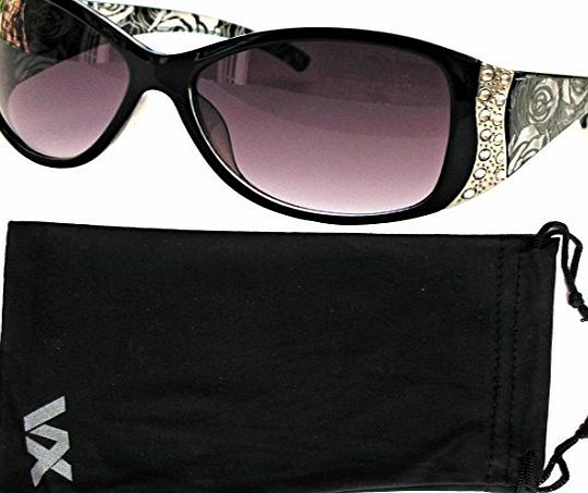 Vox Womens Sunglasses Designer Sport Fashion Rhinestone Vintage Floral Eyewear - Black Frame - Smoke Lens
