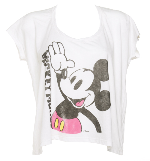 Ladies White Cropped Retro Mickey Mouse T-Shirt