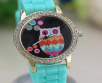 Watches Womens Colorful Retro Owl Diamond Numbers Silicone Band Quartz Wrist Watch(Assorted Colors) ( Color : Blue , Gender : For Lady )