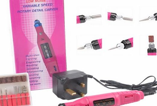 Mofun Variable Speed Rotary Detail Carver Deep Pink Electric Pen-Shape Nail Art File Drill + 6 Bits Acrylic UK plug
