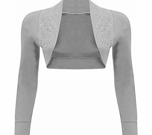 WearAll Ladies Beaded Shrug Womens Bolero Cardigan Top Light Grey 16/18