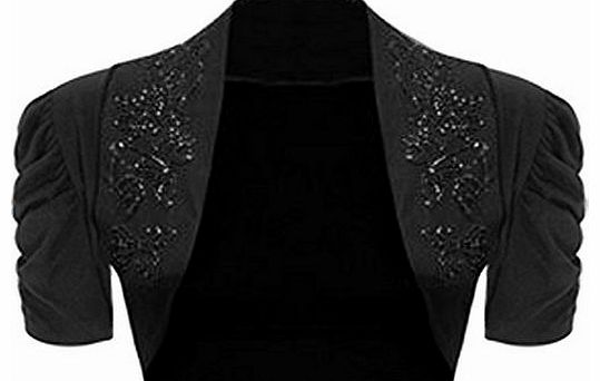 WearAll Ladies Ruched Shrug Womens Beaded Design Short Sleeve Bolero Cardigan Top Black 8/10