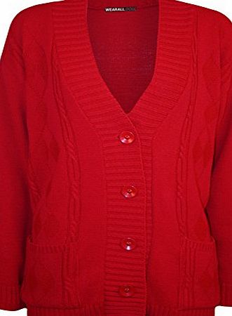 WearAll Plus Size Womens Button Long Sleeve Pocket Top Ladies Knitted Cardigan - Red - 14-16