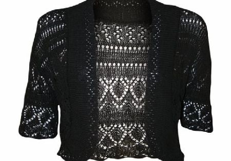 WearAll Womens Crochet Knitted Short Sleeve Ladies Bolero Cardigan Top Shrug - Black - 14-16