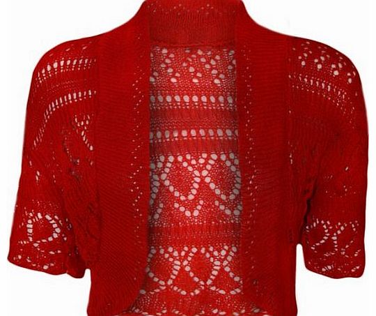 Womens Crochet Knitted Short Sleeve Ladies Bolero Cardigan Top Shrug - Red - 16-18