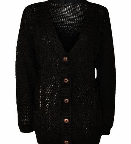 WearAll Womens Plus Size Button Long Sleeve Ladies Cable Knitted Cardigan - Black - 24-26