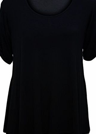 WearAll Womens Plus Size Scoop Neck Short Sleeve Flared Ladies Long Plain Top - Black - 16