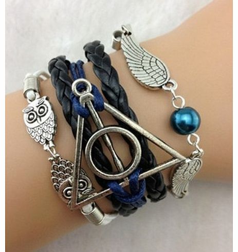 Weekend_PS Weekend Harry potter Deathly Hallows, Wings Owls Charm Bracelet Silver, Wax Cords and Braided Bracelet Personalized