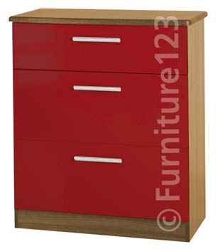 Welcome Furniture Hatherley High Gloss 3 Drawer Chest in Oak and Red
