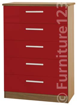 Welcome Furniture Hatherley High Gloss 5 Drawer Chest in Oak and Red