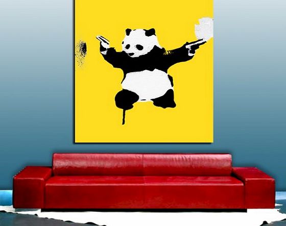 WhatsOnYourWall Banksy Bulletproof Panda Dual Wielding YELLOW CANVAS Framed Ready To Hang Canvas by whatsonyourwall, Pop Street Wall Art Sizes from 8`` to 40`` 16``x20``
