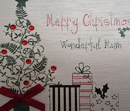 WHITE COTTON CARDS  Merry Christmas Wonderful Mum Handmade Card in Tree and Presents Design