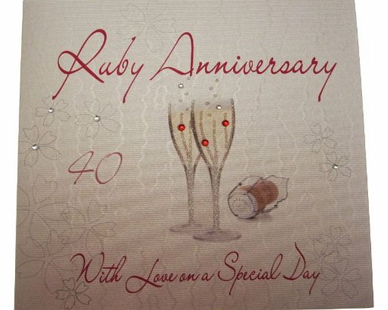 WHITE COTTON CARDS  WA40 Champagne Glass Ruby Anniversary With Love on a Special Day Handmade 40th Anniversay Card, White