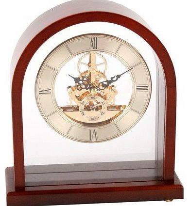 Mahogony Colour Curved Arch Design Wooden Mantel Clock with Skeleton Moving Dial