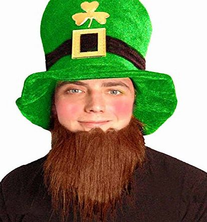 Wiked Fun St Patricks Day Irish Green Velvet Leprechaun Hat with Beard, Fancy Dress Party Costume Accessory