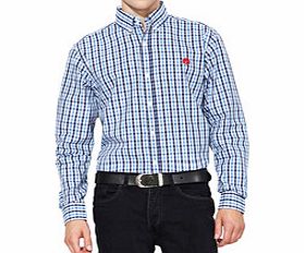 White and blue checked long-sleeved shirt