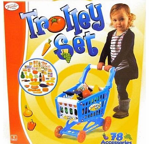 Childrens Shopping Trolley Basket for Toy Shop Kitchen Over 78pcs Play Food