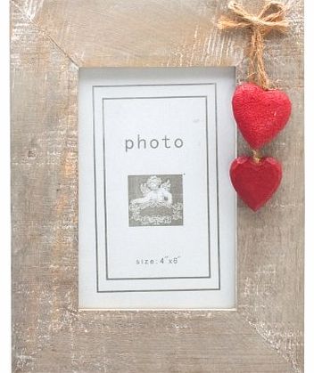 Windhorse Rustic Wooden Photo Frame With Hanging Red Hearts - Holds One 6x4 Photo